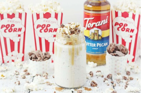 kettle corn butter pecan shake with butter pecan syrup and popcorn