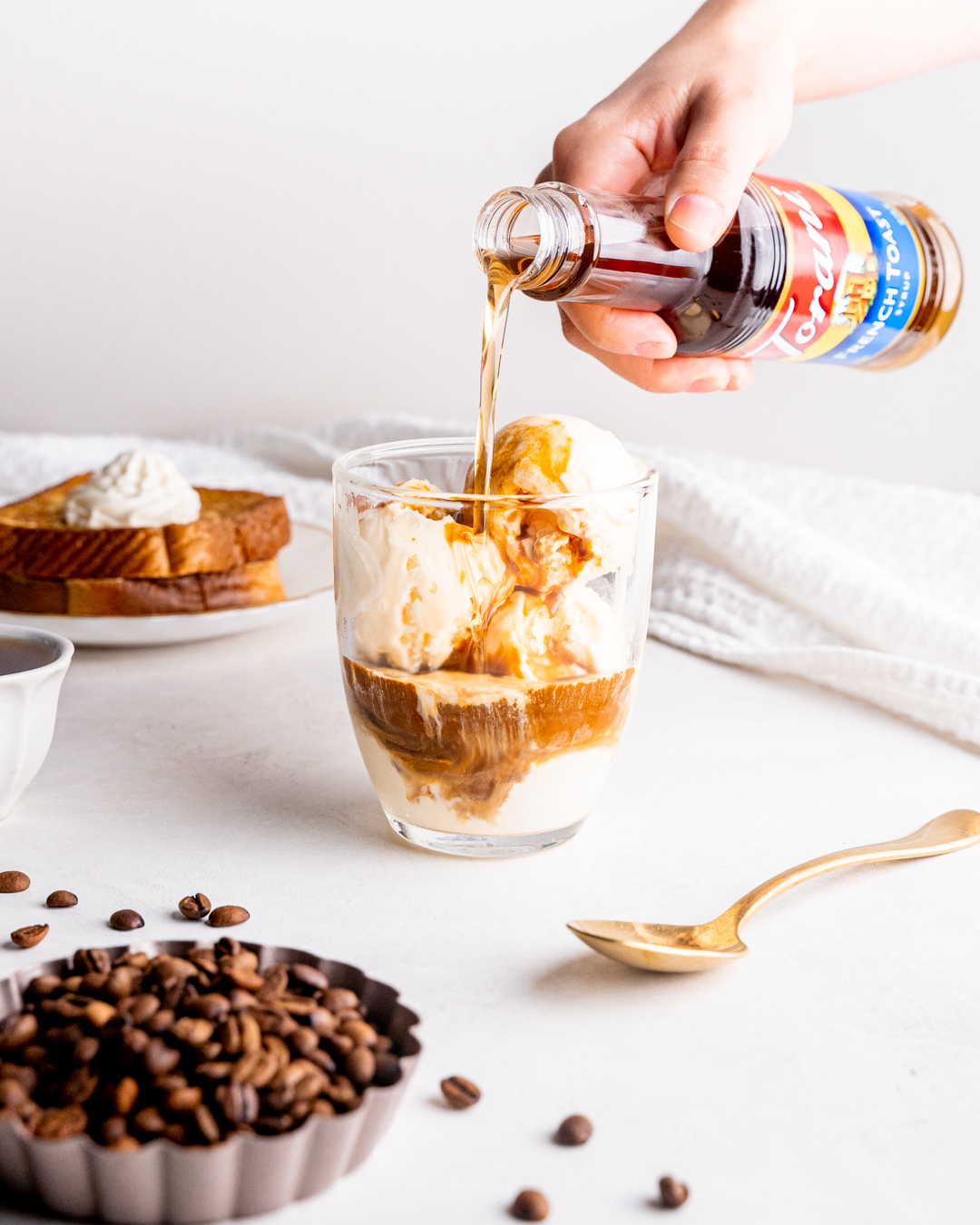 French toast affogato with torani french toast syrup poured in